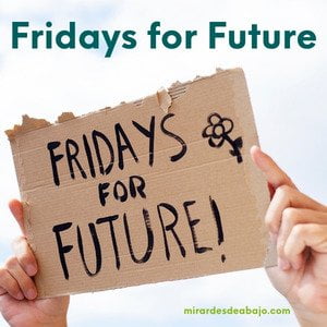 Imagen con cartel de cartón y la frase Fridays For Future.