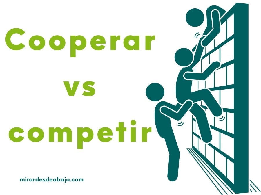imagen dibujo de tres personas saltando un muro y ayudándose unas a otras. Incluye el texto: Cooperar vs competir.