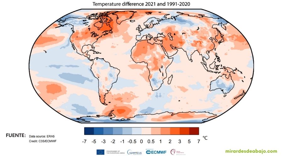 Imagen gráfica con la temperatura del aire para 2021, mostrada en relación con su promedio de 1991-2020. 