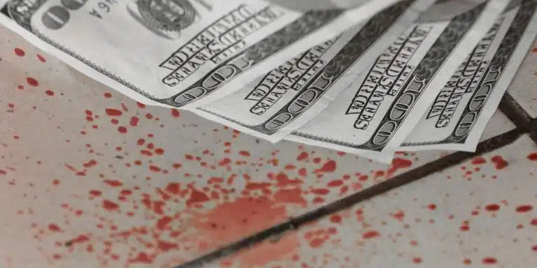 Foto de unos billetes de dólares y sangre en el suelo simbolizando la doctrina del shock de Naomi Klein.