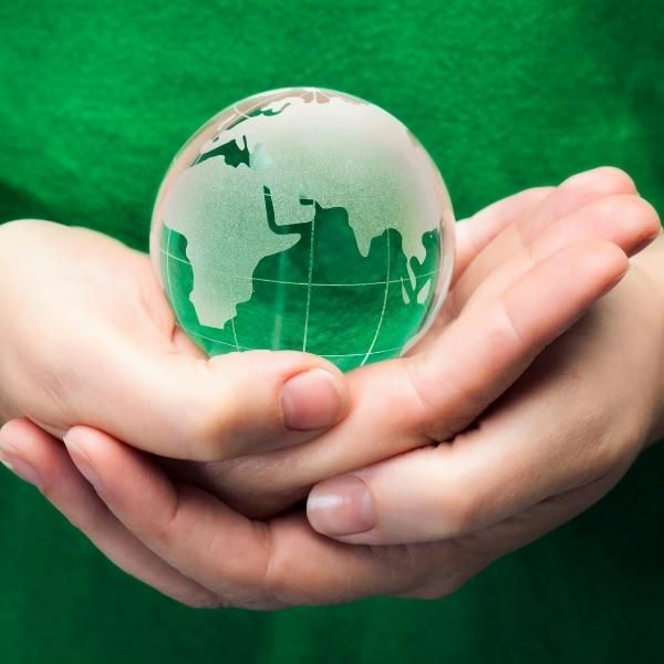 Imagen en tonos verdes de dos manos entrelazadas sosteniendo un planeta Tierra de color verde, simbolizando la relación entre el medio ambiente y la humanidad.