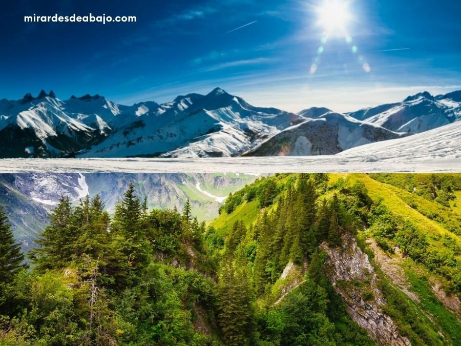 Imagen con dos fotos: La de arriba Los Alpes nevados. La de abajo los picos de Los Alpes sin nieve.