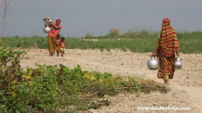Tierra devastada por un incendio forestal. Foto de do mujeres y dos niños acarrando agua desde muy lejos.