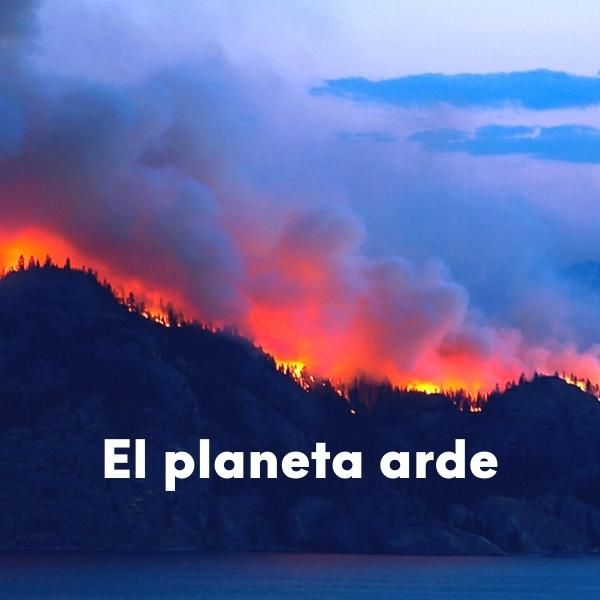 Foto del monte ardiendo y texto sobreimpreso que pone: el planeta arde.