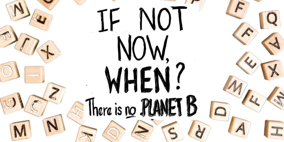 Imagen con muchas letras y una pancarta en inglés que pone: If not now, when? There is no planet B. En referencia a frases sobre el cambio climático.