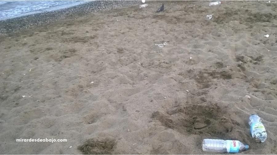 Foto de una playa con restos de botellas de plástico.