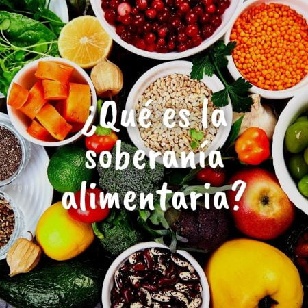 Foto cenital de varios alimentos con la pregunta sobre impresa: ¿Qué es la soberanía alimentaria?