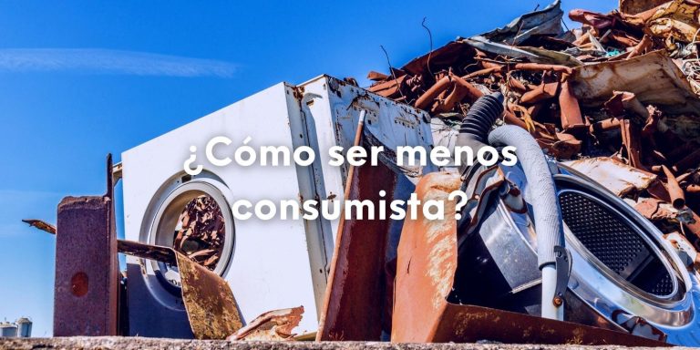 Foto de un montón de desperdicios con un cielo azul al fondo con el texto sobre impreso con letras blancas: ¿Cómo ser menos consumista?