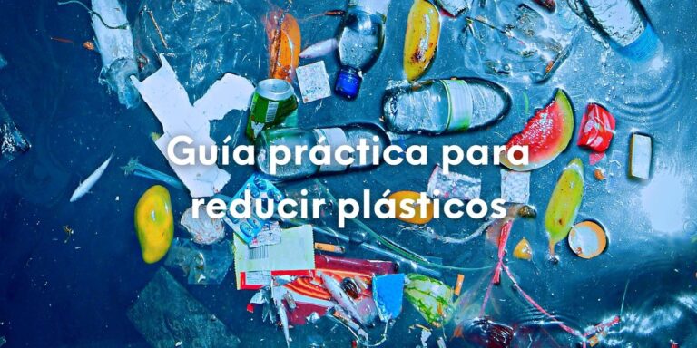 Foto de muchos residuos plásticos en el agua del mar, con el texto sobre impreso: Guía práctica para reducir plásticos.