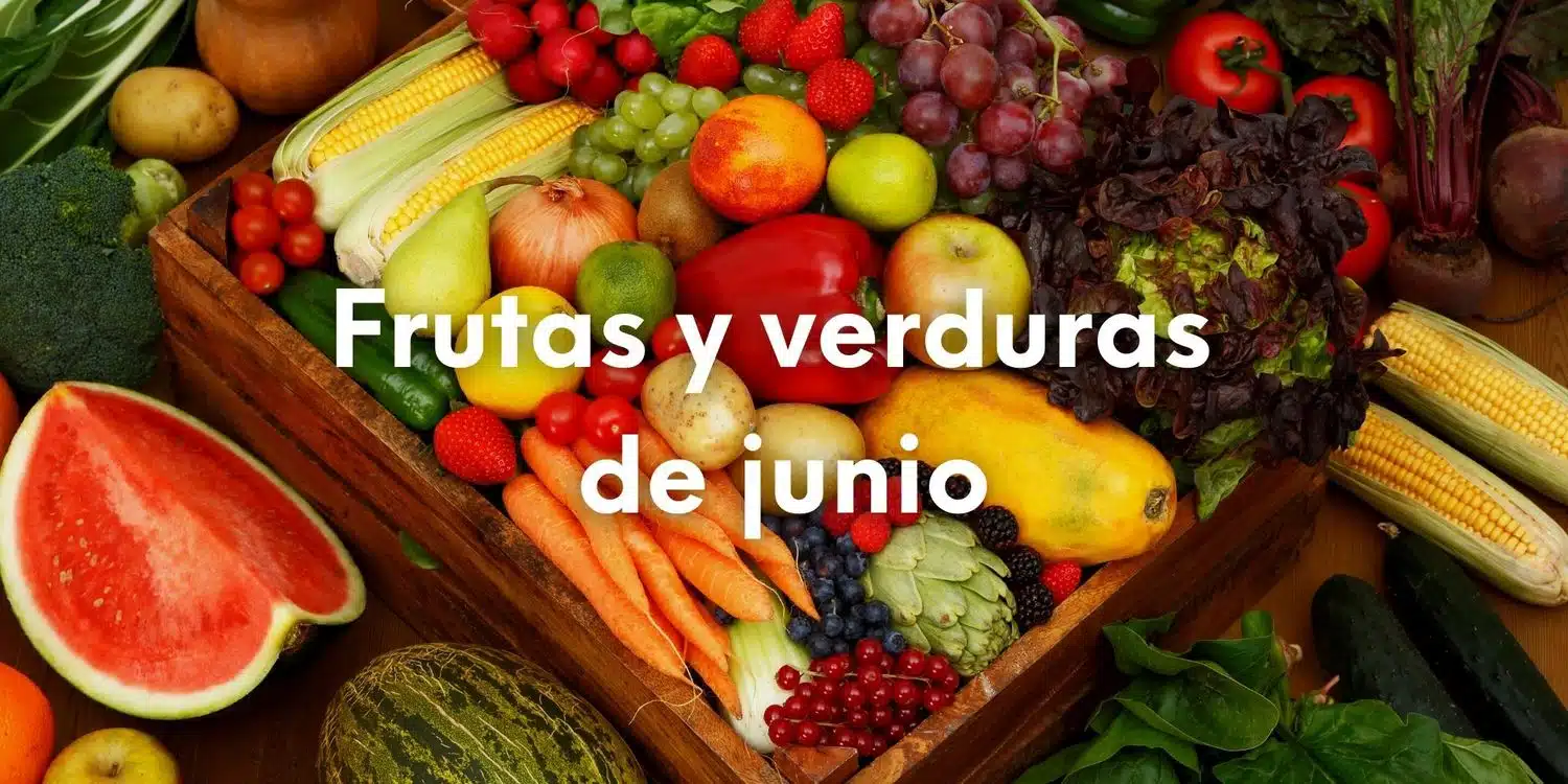 Las mejores frutas y verduras de temporada en Junio Visita este artículo 'Las Mejores Frutas y Verduras de Temporada en Junio'. Descubre la variedad de productos frescos disponibles en este mes y cómo su consumo enriquece tu dieta con sabores deliciosos y nutrientes esenciales. Aprende qué frutas y verduras seleccionar en junio para obtener los máximos beneficios para tu salud, mientras apoyas una alimentación sostenible. ¡Transforma tu cocina con los mejores productos de temporada y disfruta de una dieta saludable y respetuosa con el medio ambiente! Foto de frutas y verduras de temporada con el texto sobre escrito: Frutas y verduras de junio.