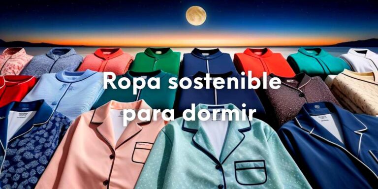 Imagen de varios modelos de pijamas para dormir ecológicos bien doblados y con la Luna al fondo. Contiene el texto sobre escrito con letras blancas: Ropa sostenible para dormir.