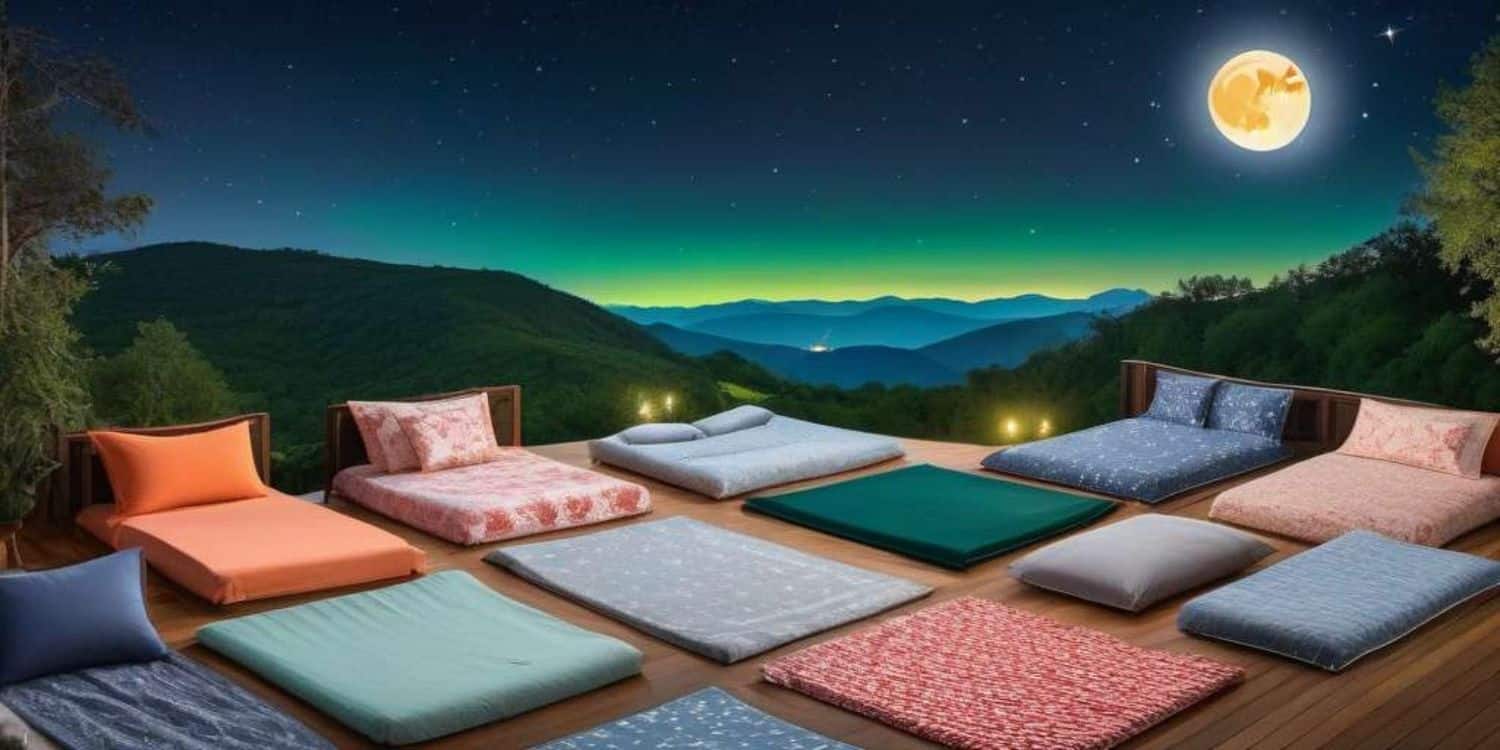 Imagen de ropa de cama ecológica y sostenible dobladas sobre una mesa con un paisaje montañoso al fondo y la Luna llena llena el cielo.