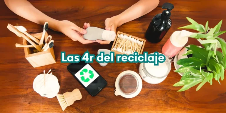 Objetos reutilizables y sostenibles en una mesa con el texto Las 4R del reciclaje.