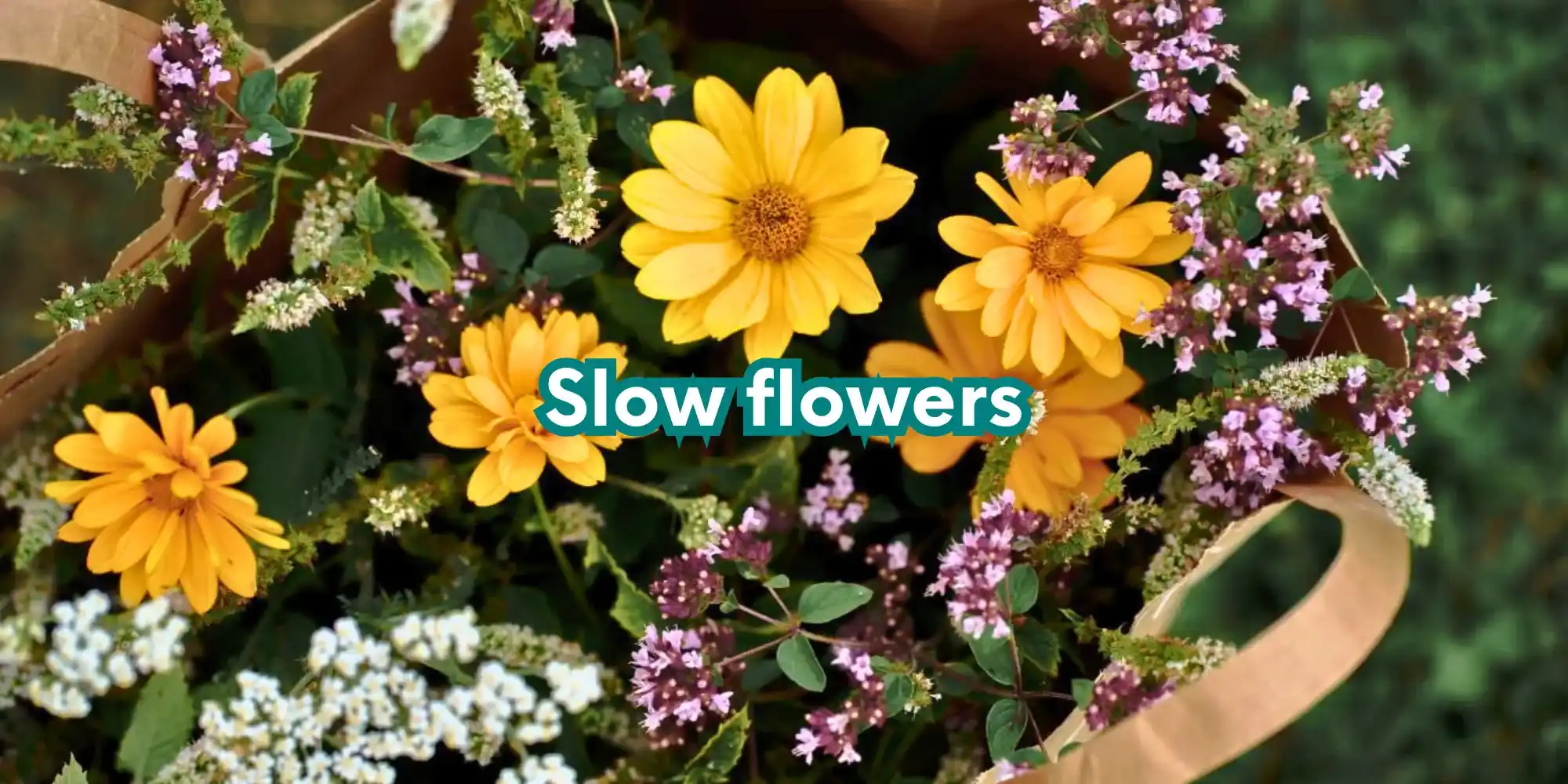 Ramo de flores slow flowers de temporada con margaritas amarillas y flores silvestres.